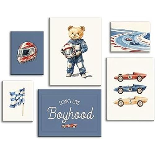 Set of 6 Nursery Race Car Canvas Wall Art Vintage Boys Room Wall Decor Navy Blue Vehicle Pictures Teddy Bear Poster Prints Racing Car Art for Boys Bedroom Playroom Home Decoration 12x16Inch