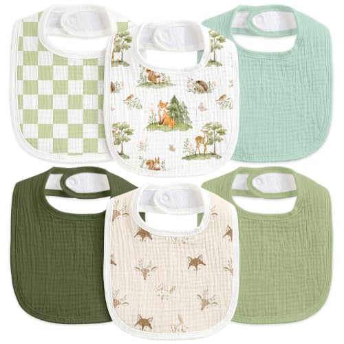 6-Pack Muslin Baby Bibs for Drooling & Teething, Absorbent Bib | Soft Cotton Baby Drool Bib for Baby Boy Girl, Easy Adjustable Bibs for Toddlers, Newborn, Infants 0-36 Months Green Animals