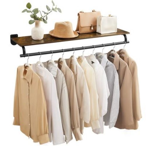 Clothes Rack with Top Shelf, Wall Mounted Clothing Rack, with Hanging Rod, Loads up to 132 lb, Rustic Brown and Ink Blac