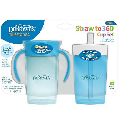 Dr. Brown's Milestones Straw to 360 Convertible Toddler Training Cup Set with Interchangeable Silicone Straw and 360 Degree Cup Lids, Blue Ocean, 10 oz/300 mL, BPA-Free, 9m+, 2-Pack