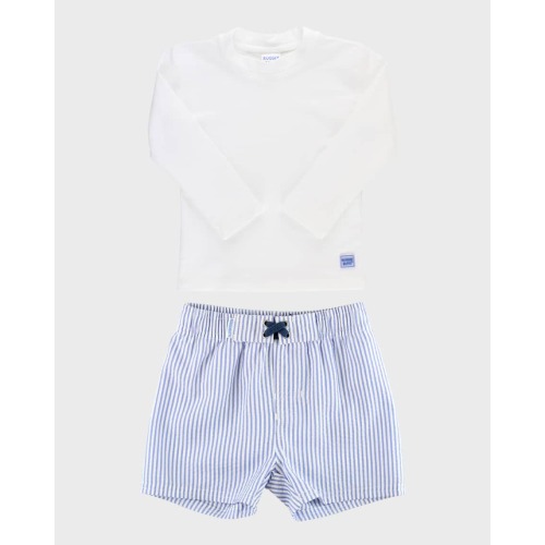 Boy's Periwinkle Striped Swim Shorts And Rashguard Set, Size 3M-8