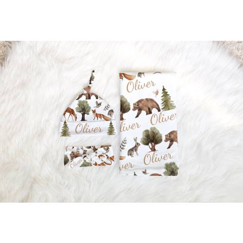 WOODLAND ANIMALS Baby BLANKET with Name Personalized Baby Shower Gift, Forest Newborn Custom Baby Boy Name Announcement, Monogrammed Swaddle