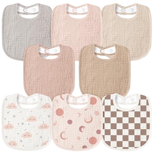 Susurration Muslin Baby Bibs 8 Pack Bandana Drool Bibs, Soft Square Adjustable Baby Drooling Bibs for Unisex Girls & Boys