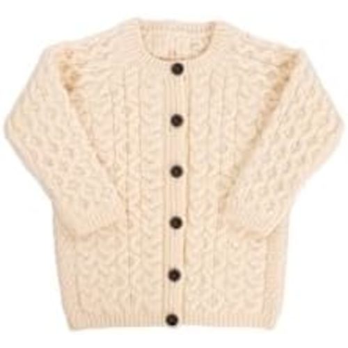 3-6 Months Natural Color SAOL Aran Cardigan for Kids: 100% Merino Wool, Crew Neck, and Button Front - Made in Ireland