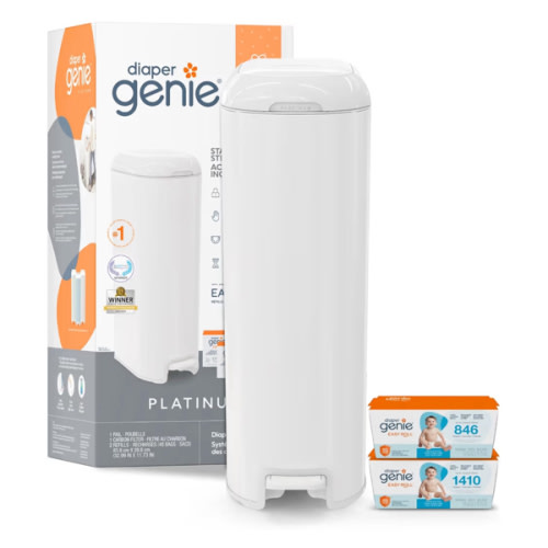 Diaper Genie Platinum Pail Gift Set, Lily White, Made of Durable Stainless Steel and Includes 2 Easy Roll Refills with 18 Bags and 30 Bags