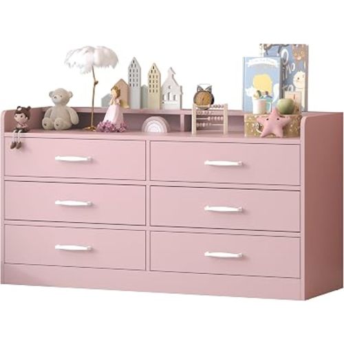 Kids Dresser with 6 Deep Drawers, Nursery Dresser with Tabletop Rail, Baby Dresser for Bedroom, Wooden Storage Cabinet with Metal Handles for Toys/Clothes/Books, 15.8"D x 47.2"W x 25.2"H