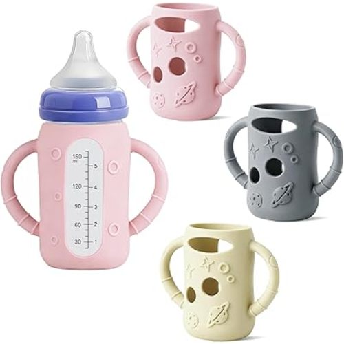 Lionpower 3 Pack Silicone Sleeves for Lansinoh Glass Bottles (Old Style) 5oz – Protective Covers with Handle, Non-Slip Baby Bottle Holder, Compatible with Lansinoh Bottles (Grey+Pink+Beige(5OZ))