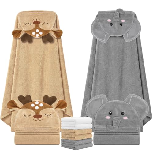 8 PCS Toddler Towels Set for Boy Girl 0-5 Year Essentials (Grey & Brown) | Large Size 59"x31.5", 2 PCS Hooded Baby Bath Towels & 6 PCS Washcloths, Ultra Soft, Thick and Absorbent, Newborn Essentials