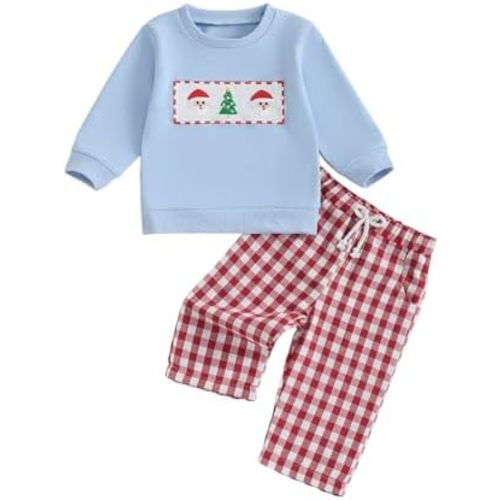 Toddler Baby Boys Christmas Outfits Long Sleeve Embroidery Sweatshirt Gingham Plaid Pants Two Piece Smocked Clothes