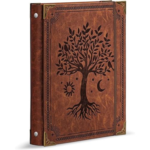 Leather 3 Ring Binder Fits 8.5"x11" Letter Size Paper, 1 Inch Round Ring Binder Holds 200 Sheets, Notepad Paper Cover Loose Leaf Organizer, Brown Tree