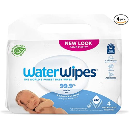 WaterWipes Biodegradable Original Baby Wipes, 99.9% Water Based Wipes, Unscented & Hypoallergenic for Sensitive Skin, 240 Count (4 packs), Packaging May Vary - 4 packs of 60 (240 Count)