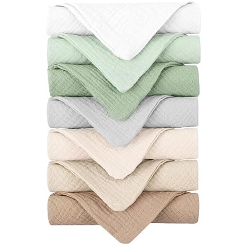 Konssy Baby Muslin Washcloths 7-Pack, 100% Cotton Baby Bath Washcloths, Soft & Absorbent Wash Cloths and Burp Cloths for Newborn Kids Girls & Boys, 11x11 inches