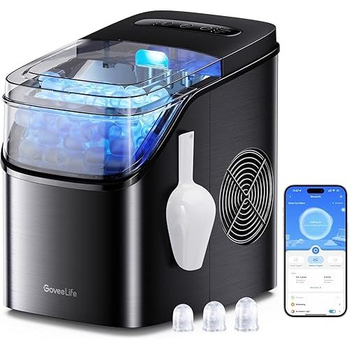 GoveeLife Smart Ice Maker Countertop, Portable Ice Machine with Voice Control, 9 Ice Cubes in 6 Minutes 3 Sizes, 26lbs/24Hrs, Self Cleaning RGB Lights, Quiet Ice Maker with Scoop for Kitchen Black