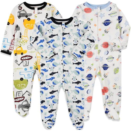 Aablexema Baby Footie Pajamas with Mittens - 3Pcs Infant Cotton Footed One Piece Sleepwear Outfits