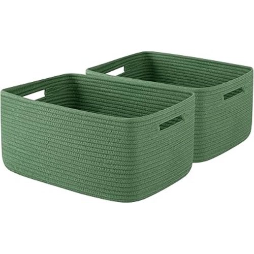 OIAHOMY Storage Basket for Shelves, Closet Cube Storage Bins Baskets for Clothes Blanket Towels, Baby Nursery, Toy Baskets Box, Woven Rope Basket, 15.75*11.81*7.09 IN, 2 Packs Olive Green