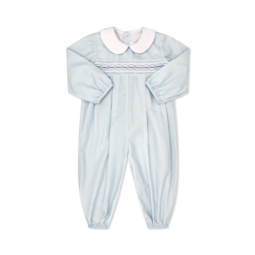 Christopher Romper Long Sleeve, Baby Blue Minigingham- 12M