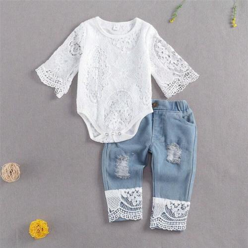 Easisim Baby Girl Clothes Fall Cute Baby Girl Outfit Sets Lace Romper Blue Denim Pants | SHEIN USA