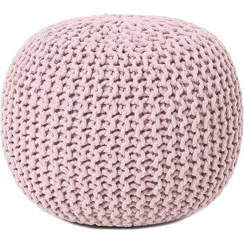 REDEARTH Round Pouf Ottoman - Hand Knitted Boho Poof Home Décor Pouffe Circular Footrest for Living Room - Bedroom - Lounge - 100% Cotton (19.5"x19.5"x14") - Pale Pink