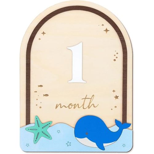 Baby Milestone Wooden Plaque, Ocean Theme, Monthly Milestone Marker for Newborns
