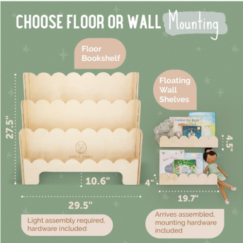 Wooden Kids Bookshelf w/Scalloped Edges- Made in USA- Perfect Height 3-Tier Montessori Shelf- Durable Childrens Bookcase for Kids Room or Playroom- Baby Book Shelf Nursery