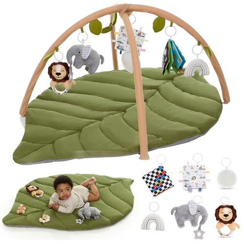 Baby Play Mat & Activity Gym - Tummy Time Mat with 6 Detachable Baby Toys | Oversized Leaf Modern Design Baby Play Gym | Perfect Baby Shower Gifts/Baby Must Haves - Developmental Activities for Baby
