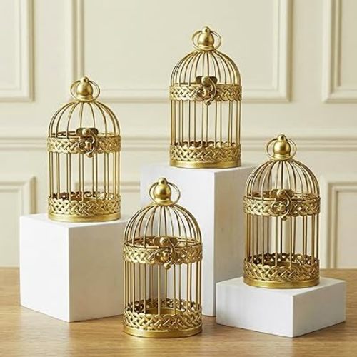 Vela Lanterns Bird Cage Decor Candle Holder Lantern Decorative Wedding Table Centerpiece Decorations, Gold, Small, Set of 4
