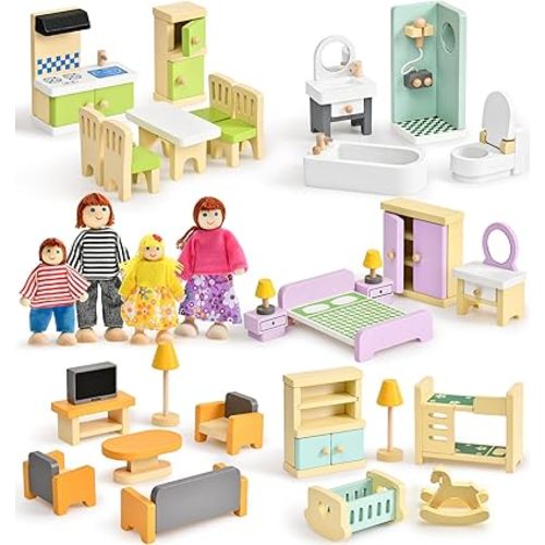 Toyssa Wooden Dollhouse Furniture Set, 36PCS Miniature Doll House Accessories with Colorful 5 Room & 4 Flexible Family Dolls, Pretend Play Toys Birthday Gift for Toddlers 3 4 5 6 Years Old