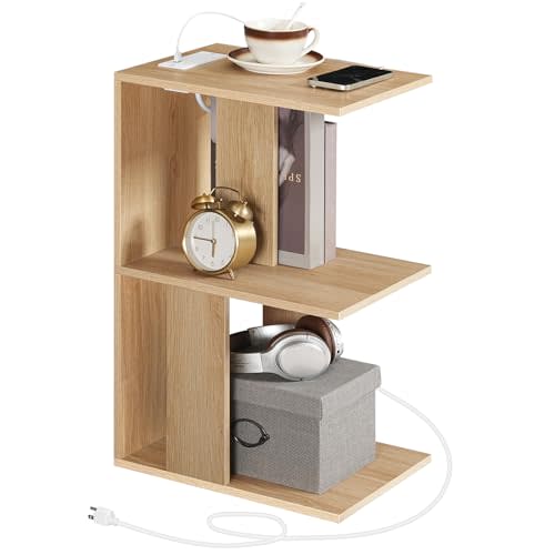 MAHANCRIS End Table with Charging Station, Narrow Side Table for Small Spaces with USB Ports and Outlets, Narrow Nightstand with Light, Thin Bedside Table for Living Room, Natural ETNA18E01