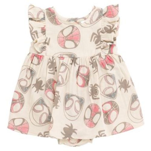 Marvel Spidey and His Amazing Friends Baby Girls' Allover Printed Gauze Ruffle Dress Outfit with Snap Closure Cream 3-6 Months
