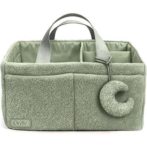 Orelle Bouclé Diaper Caddy Organizer with Matching Pouch & Moon Pendant | Teddy Portable Changing Table Organizer | Sage Green Diaper Caddy | Must-Have Baby Shower Gifts | Sage Green