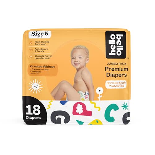 Hello Bello Premium Baby Diapers Size 5, 18 Count of Disposable, Extra-Absorbent, Hypoallergenic Baby Diapers with Snug and Comfort Fit, Alphabet Soup