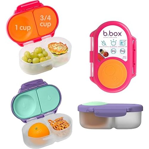b.box Snack Box 2-Pack - Leak Proof Mini Bento Box for Kids & Toddlers, 2 Compartment Snack Containers for Kids, Dishwasher Safe, BPA-Free, PFAS-Free, Ages 4mo+, 1 3/4 Cup Each (Strawberry + Lilac)