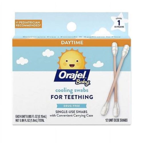 Orajel Baby Non-Medicated Cooling Teething Swabs for Soothing Gum Comfort, Pre-Measured Swabs, 12 Count