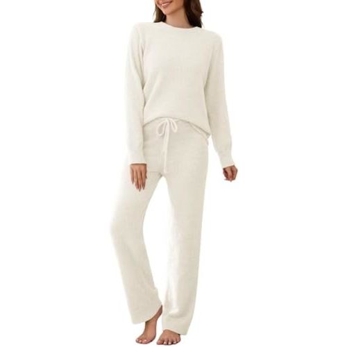 Womens Fuzzy Fleece Pajamas Set 2 Piece Cozy Pjs Lounge Set Warm Long Sleeve Knit Pullover Sweater Pants Loungewear
