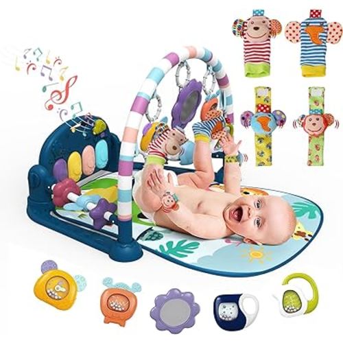 dearlomum Baby Play Mat Gym,Funny Play Piano Tummy Time Activity Mat with 5 Infant Sensory Toys & 4 Wrist Rattle Socks, Boy & Girl Gifts for Newborn 0 to 3 6 9 12 Months(Blue)