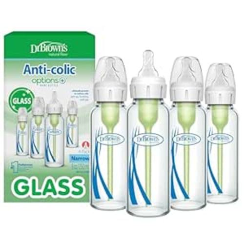 Dr. Brown's Anti-Colic Options+ Narrow Glass Baby Bottle with Level 1 Slow Flow Nipple, BPA-Free, 8 oz/250 mL, 0m+, 4-Pack (Packaging May Vary)