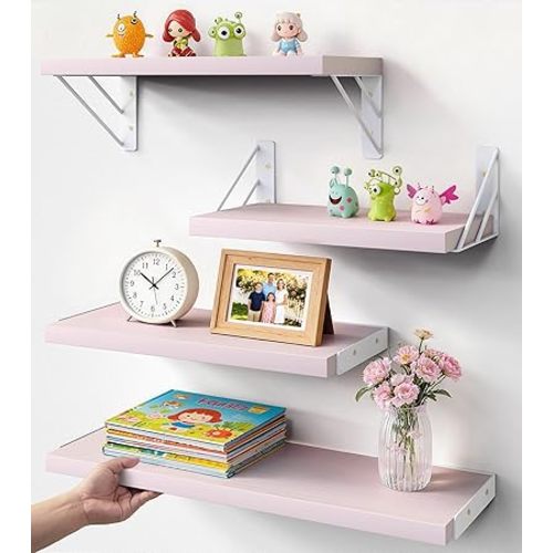 BAYKA Wall Shelves for Bedroom Decor, Pink Floating Wall Shelf for Living Room Kitchen Storage,Mounted Rustic Wood Shelves for Kids Books, Corner Shelf for Bathroom(16in，Set of 4)
