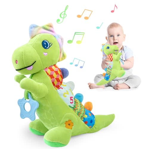 Baby Dino Plush Soft Stuffed Animal Toy for 0-3-6-12+ Months,Infant Musical Toy with Rattle,Squeaker,Sensory Crinkle,Teether & Textures,Tummy Time Toys Christmas Baby Gift for Newborn Girl Boy (Green)