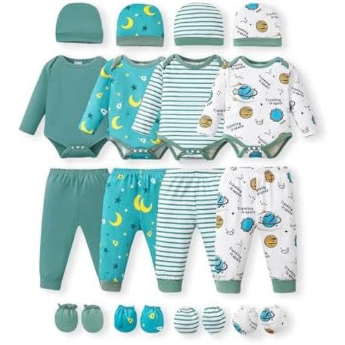 NZRVAWS Newborn Baby Boy Girl Clothes Unisex Infant Romper Pants Set Hat 4-Pack Outfits 0-12 Months 16 Pieces Toddler