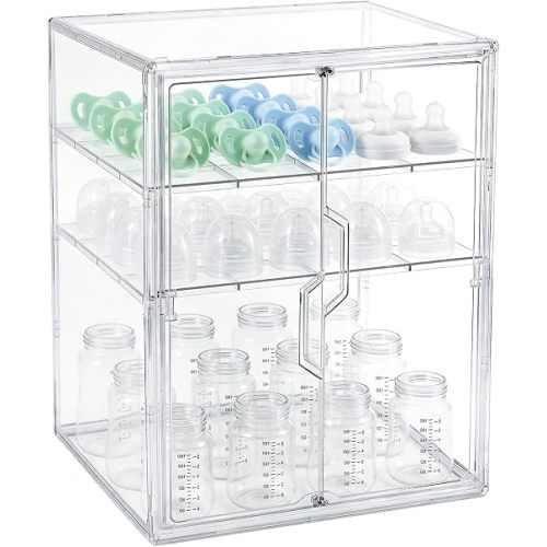 Baby Bottle Storage Organizer for Countertop Cabinet, 3 Tier Adjustable Bottles Station Container, Clear Acrylic Case Box with 2 Removable Dividers and Magnetic Double Door, X-Large