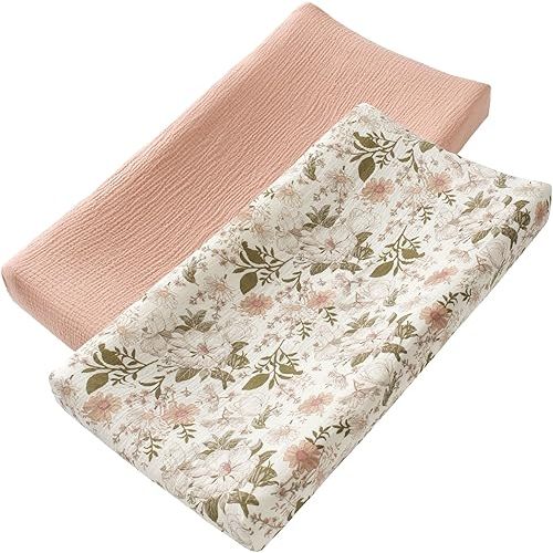 2 Pack Muslin Changing Pad Covers for Boys, Ultra Soft & Breathable Cotton Baby Diaper Changing Table Covers, Neutral Nursery Diaper Changing Pad Sheets (Vintage Blossom)