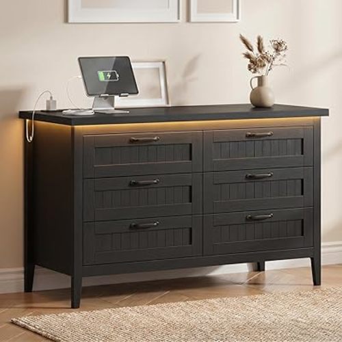 GarveeLife 6 Drawer Dresser with Charging Station & LED Lights, 47.3" Wide Wood Dresser for Bedroom, Modern Farmhouse Chest of Drawers, Metal Slides, Anti-Tip Kit,Black