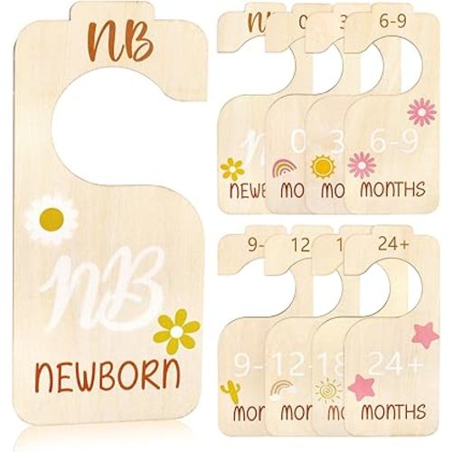 8Pcs Baby Closet Dividers for Clothes Organizer 3D Daisy Wooden Double Sided Baby Clothes Size Hanger Organizer from Newborn to 24 Months for Boho Themed Nursery Decor