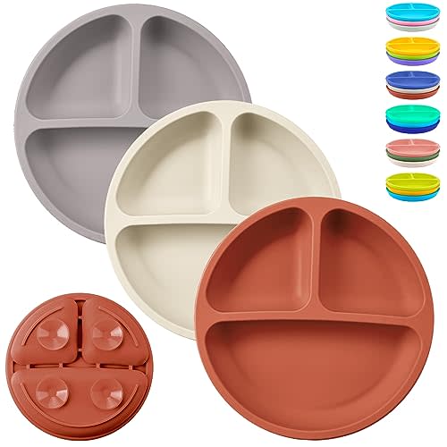 Wotolit Silicone Suction Plates for Toddler & Baby, Divided Design, Non-Slip Design, BPA Free, Microwave & Dishwasher Safe, 3 Pack Unbreakable Feeding Set (Brick Red & Off White & Dark Gray)