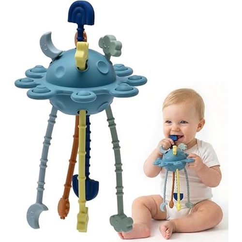 Silicone Baby Sensory Pull String Toy for 18+ Months, Montessori Toys for Toddlers, Sensory Activity Travel Toy for Airplane Car Seat Stroller, Fine Motor Skills Early Learning Gift (Blue)