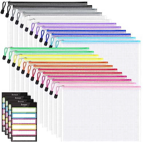 Sooez 24 Pack Mesh Zipper Pouch with Sticky Labels, A4 Mesh Bags for Board Game Puzzles Organization Storage, Durable Letter Size File Folders Organizer for Teacher School Classroom Office Supplies