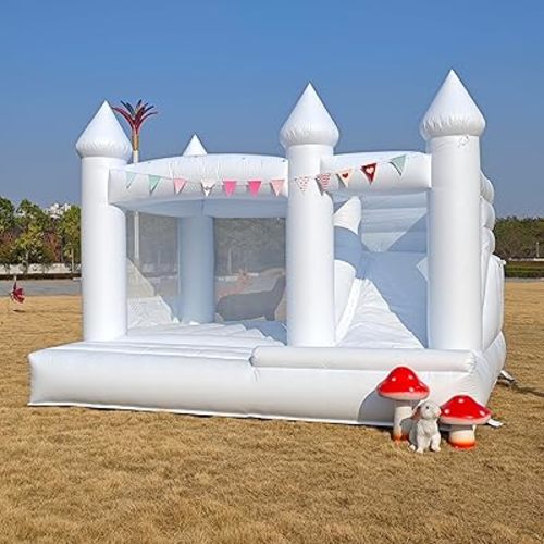 13 FT 100% PVC White Inflatable Bounce House Featuring A Slide Bounce House A Large Castle Themed Kids Trampoline and an Inflatable Bounce Party (Including Blower)