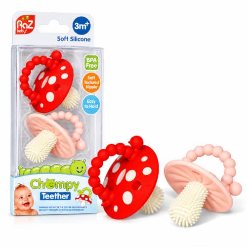 RaZbaby Soft Silicone Infant & Baby 3M+ Teether Toy Massaging Bristles Teething Relief Pacifier - Soothes Sore Gums - Hands-Free & Easy-to-Hold Chompy Teether, BPA Free (RED/Pink)