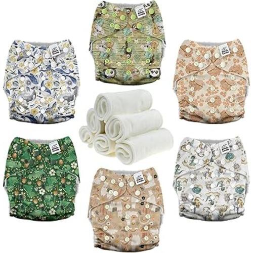 Mama Koala 3.0 Pocket Cloth Diapers for Babies with AWJ Lining, 6 Pack with 6 4-Layer Natural Cloth Diaper Inserts - Reusable and Washable Pocket Diapers (Animal Legends)