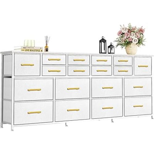 VASICAR 74.8 Inch Wide TV Stand for Living Room, Modern Media Console Table with 18 Fabric Drawers, Long Dresser for Bedroom, Large Clothes Storage Cabinet, Wood-top Chest of Drawers (White